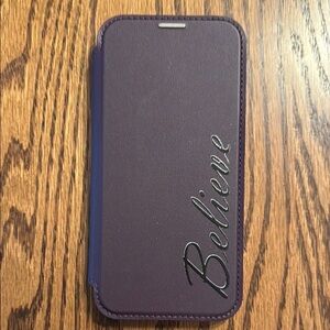 Purple iPhone 14 Pro Max Leather Case with 'Believe' Inscription